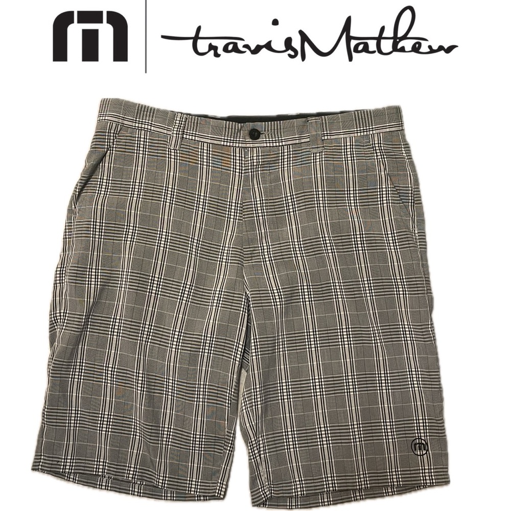 Travis Mathew Banks Thin Stripe Black White Plaid Pattern Summer Golf Shorts 34